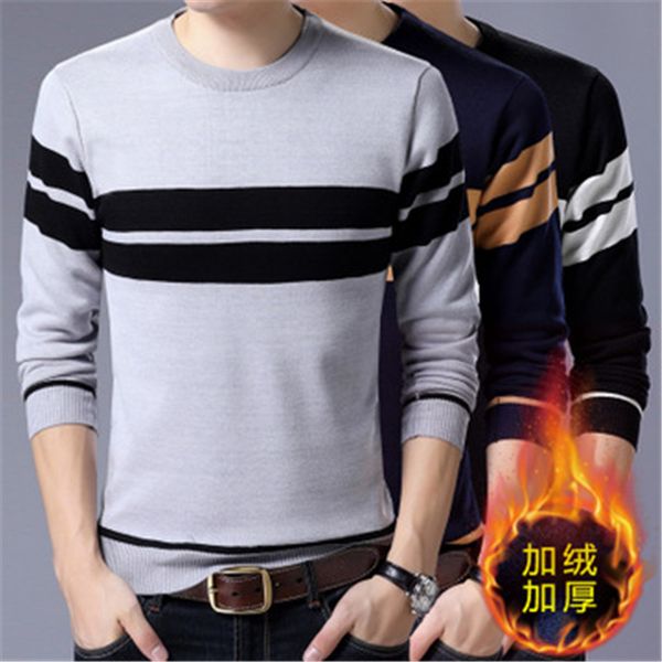 

winter pullover men fleece thick sweater pull homme o neck with striple size  to 4xl, White;black