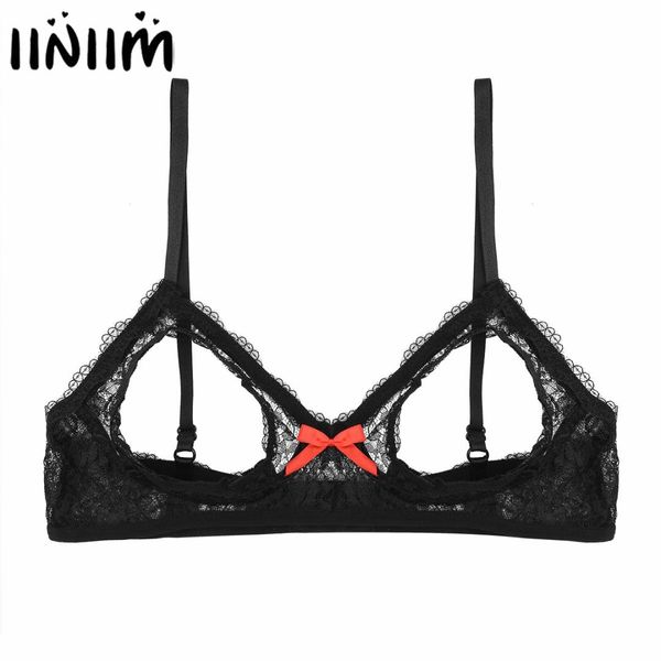 

black women exotic lingerie lace floral open cup triangle bralette underwear adjustable straps v-neck wire-unlined bra top, Red;black