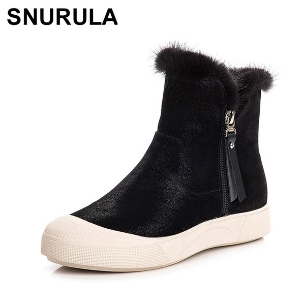 

snurulan cute fashion women ankle boots winter warm round toe fur shoes new arrival women winter casual side zipper sneakers, Black
