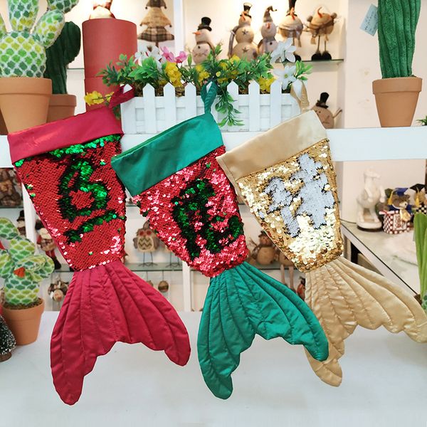 

christmas decorations 3 colors mermaid shape christmas stockings bling bead flip tail socks gift bag stocking xmas ornaments ajy777