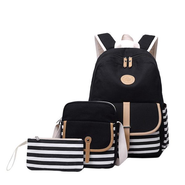 

shujin new arrivals 3 pcs/set canvas stripe backpack student school backpack teenagers satchel women large capacity rucksack