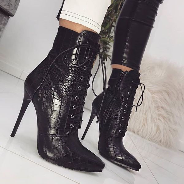 

high heels ms. big european and american trade explosion models 2018 new winter boots pointed knight lace stiletto boots tide, Black