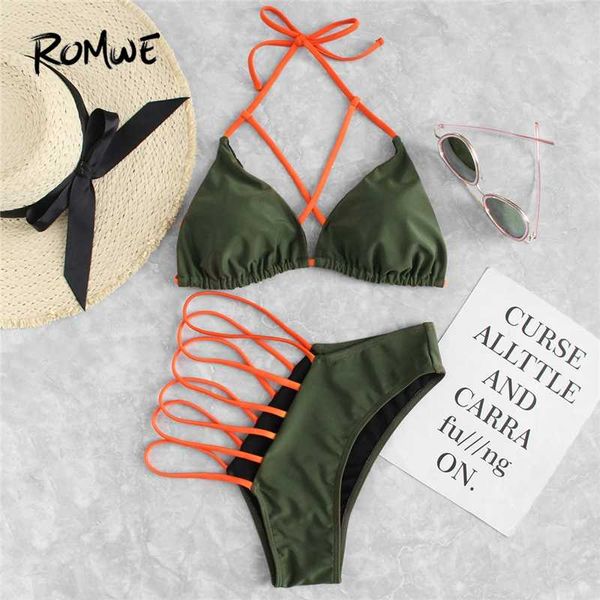 

sport army green criss cross triangle halter with ladder cut out bottoms bikinis set women beach two-pieces suits, White;black