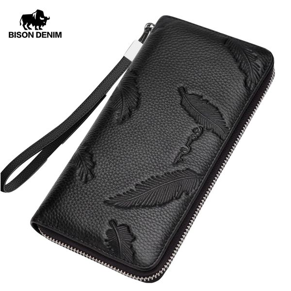 

bison denim fashion cowhide leather long wallet male zipper clutch men's wallet phone holder long coin purse n8174-1, Red;black