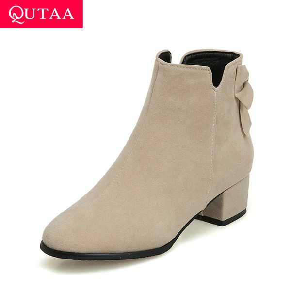 

qutaa 2020 scrub round toe square heel antiskid women shoes sweet butterfly-knot zipper autumn winter ankle boots size 34-43, Black