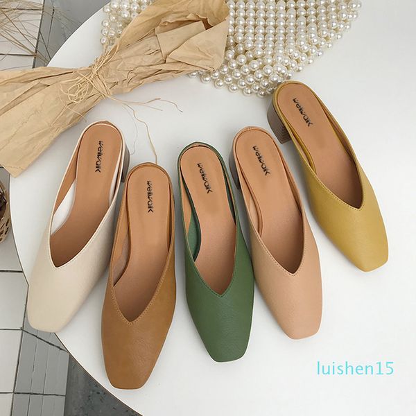 

concise mule shoes women heels pumps leather pu wooden block heel open back shallow loafers ladies summer designer slippers new l15, Black