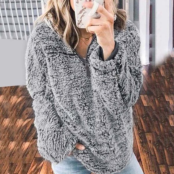 

women fluffy sweatshirt elegant autumn winter thick warm fashion stand collar outerwear long faux fur outwear teddy sweatshirt, Black