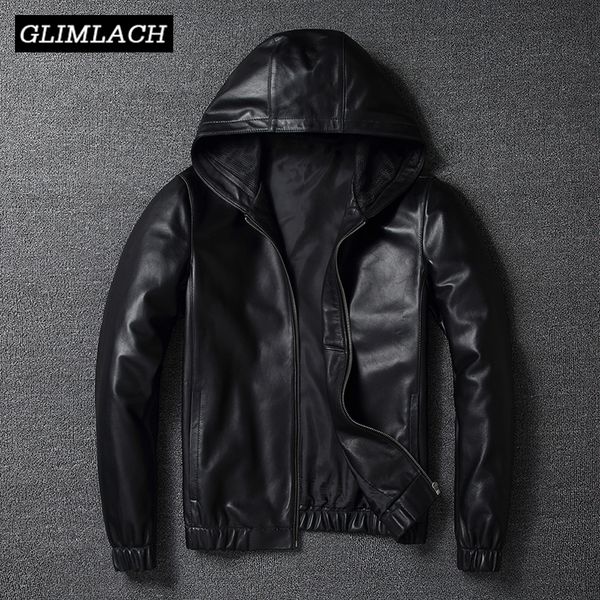 

motorcycle genuine leather bomber jacket men pilot sheepskin real leather jacket hooded aviation flight slim male lambskin coat, Black