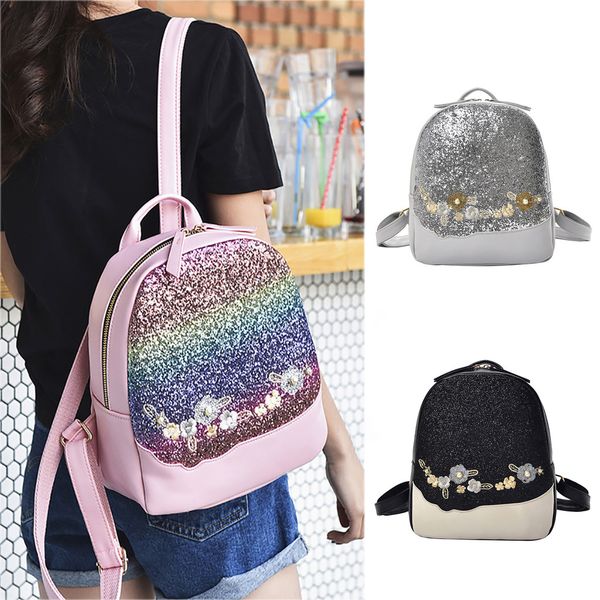 

flower sequin mini backpack fashion wild pu leather student school bags with zipper multicolor selection small square bags