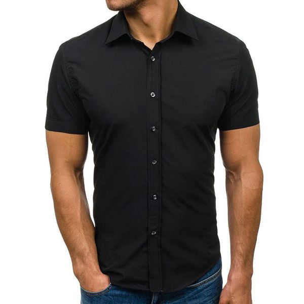

men short sleeve lapel collar loose button down solid office summer blouse, White;black