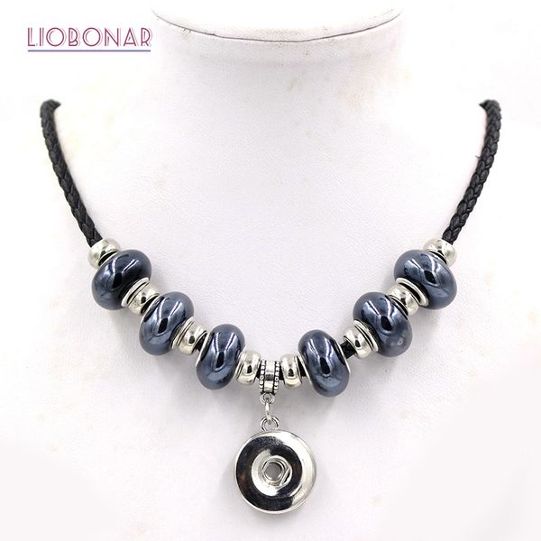 

10pcs/lot wholesale snap necklace black pu leather rope with ceramic bead 18mm button pendant necklace snap jewelry collar, Silver