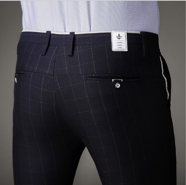 

mens casual pants summer lattice slim male pants stretch trend trousers business pants asian size 28-36, Black