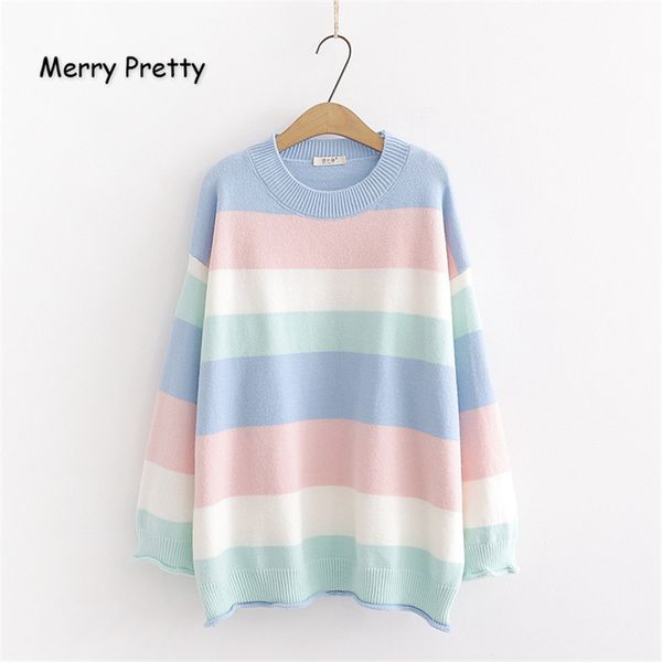 

merry pretty women's rainbow color knit jumper 2019 autumn winter long sleeve o-neck knitted sweaters jacquard pullover sweaters, White;black