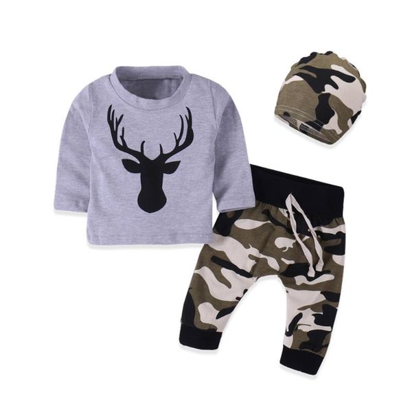 

baby boy toddler elk printed sweatshirt camouflage pants with hat casual playsuit 3pcs set outfit, White