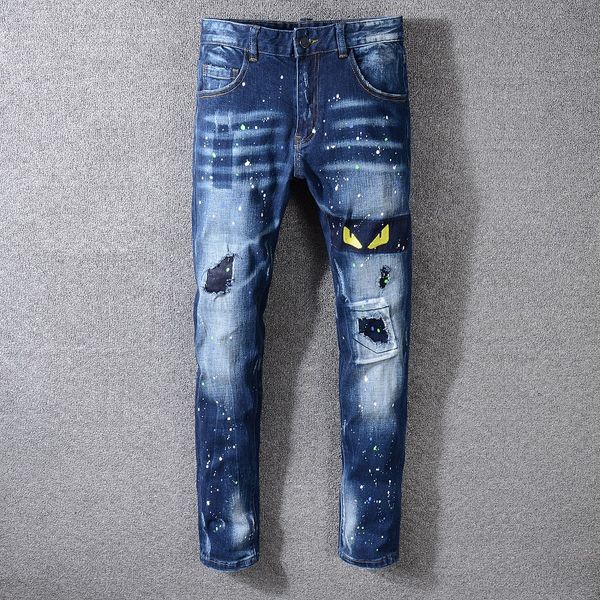 

2019 us size 28~40 hip hop punk pants men's motorcycle moto biker denim mens distressed ripped skinny jeans brand designer 3314, Blue