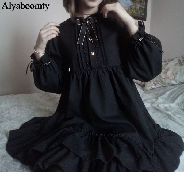 

платье японского harajuku женщина black оборки платья фонаря рукав лолита стиль стьюдент сладкий kawaii симпатичного лук девушка шифоновое п, Black;pink