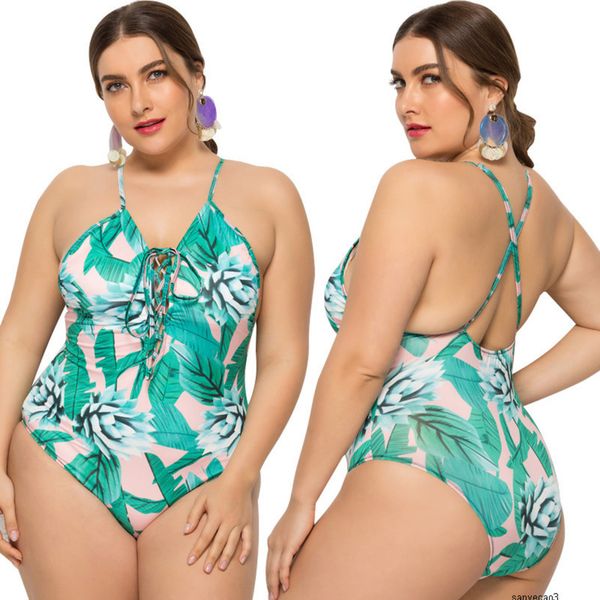

womens designer fat woman one-piece large size plus fat swimsuit hanging neck suspender backless strap printed swimsuith, White