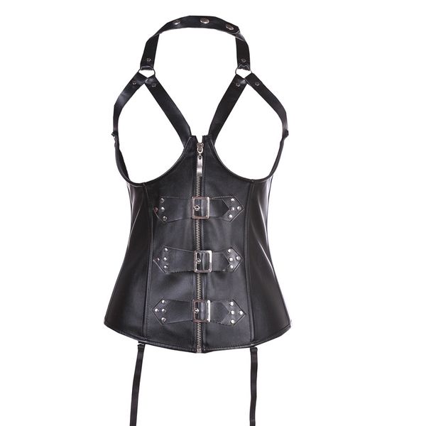

black faux leather pvc underbust clothing women steel bone steampunk corset and bustier vest chest b, Black;white