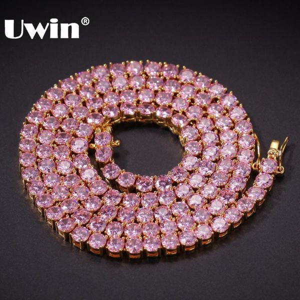 

uwin 4mm pink iced cubic zirconia tennis chains gold silver color necklace colored fashion hiphop jewelry