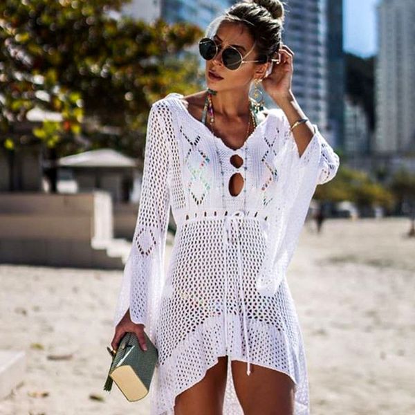 

blesskiss pareo beach cover up dress women tunic summer knitted crochet long sleeve bikini swimsuit outlet mesh coverups skirt, Blue;gray