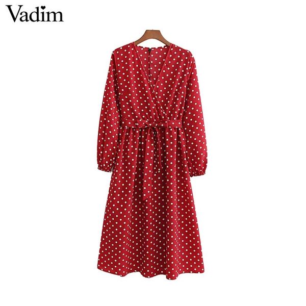 

vadim women polka dot print midi dress v neck bow tie sashes long sleeve female fashion red mid calf dresses vestidos qb194, Black;gray