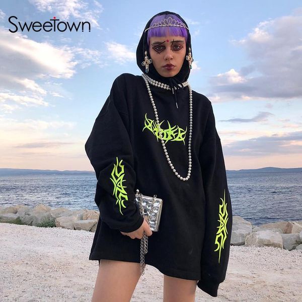 

neon letter print oversized gothic hoodies streetwear sudadera mujer winter clothes women long sleeve long hoody sweatshirt, Black