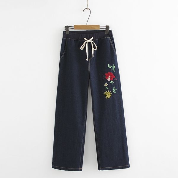 

plus size xl-4xl women's jeans floral embroidery denim long pants straight trousers, Blue
