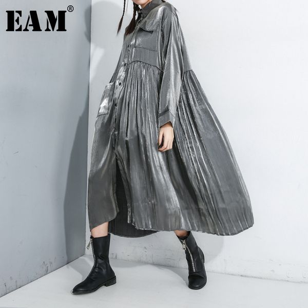 

eam] women black pleated split big size shirt dress new lapel long sleeve loose fit fashion tide spring autumn 2020 1r169, Black;gray