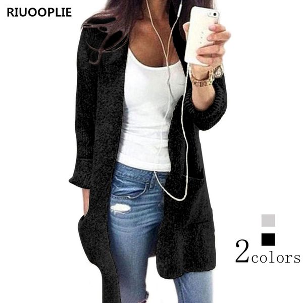 

riuooplie women comfortable knitted long sweater cardigan v neck pocket coat plus size, White