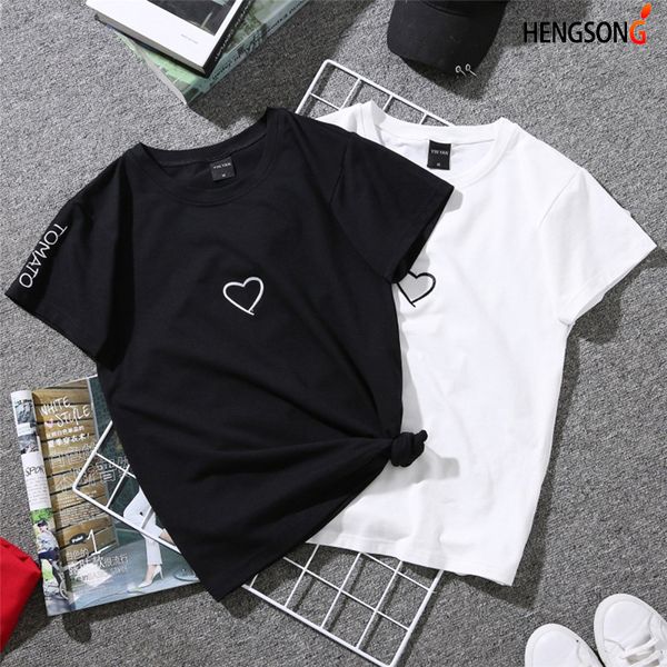 

t shirt women tshirt 2019 crew neck summer couples lovers for women casual white t shirt love heart embroidery print female