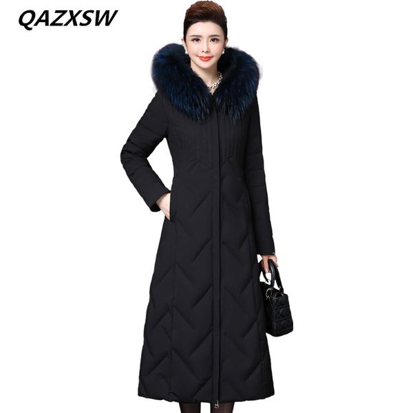 

2018 new women's winter down jacket long section slim outer 100% white duck down thick warm braids fur collar hooded coat le309, Black
