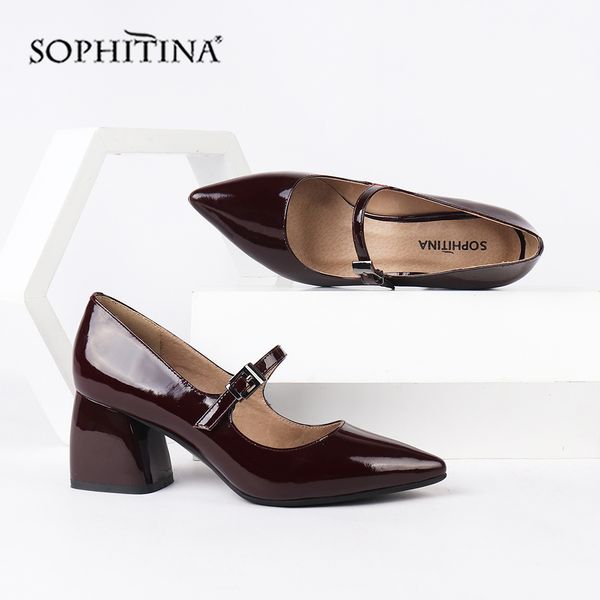 

sophitina solid pumps patent leather comfortable buckle square heel pointed toe shoes shallow handmade pumps c168, Black