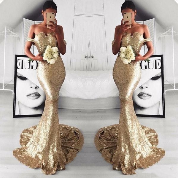 

2019 Cheap Glitz Off the Shoulder Gold Sequins Mermaid Prom Dresses Sleeveless Long Party Prom Evening Gowns Bridesmaid Dress Custom Made, Black