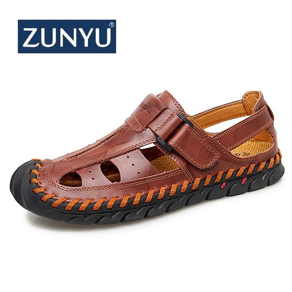 

zunyu wholesale drop shipping men sandals genuine leather sandals men outdoor casual leather beach shoes size 48, Black