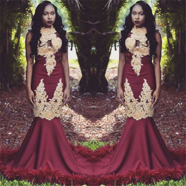 

2019 burgundy prom dresses gold appliques high neck lace evening dresses feather arabic african party wear dress custom made, Black