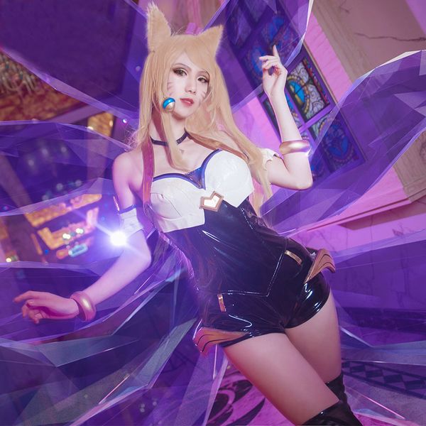 Jogo LOL KDA Ahri Cosplay Catsuit Ladies PU Bodysuits Macacões Outfit Conjunto Completo