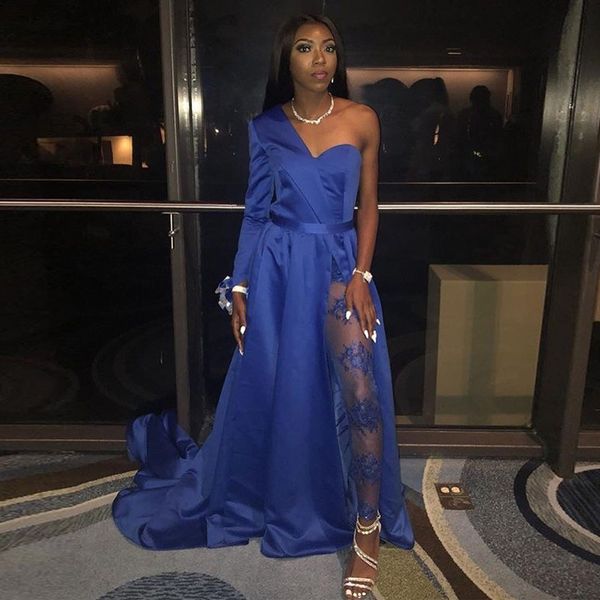 

blue one shoulder satin long jumpsuit prom dresses 2020 long sleeve ruched lace formal evening party dresses, Black