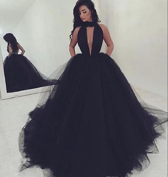 

halter backless black prom dresses 2019 v neck new long formal dress evening wear puffy tulle women cocktail party gowns custom made