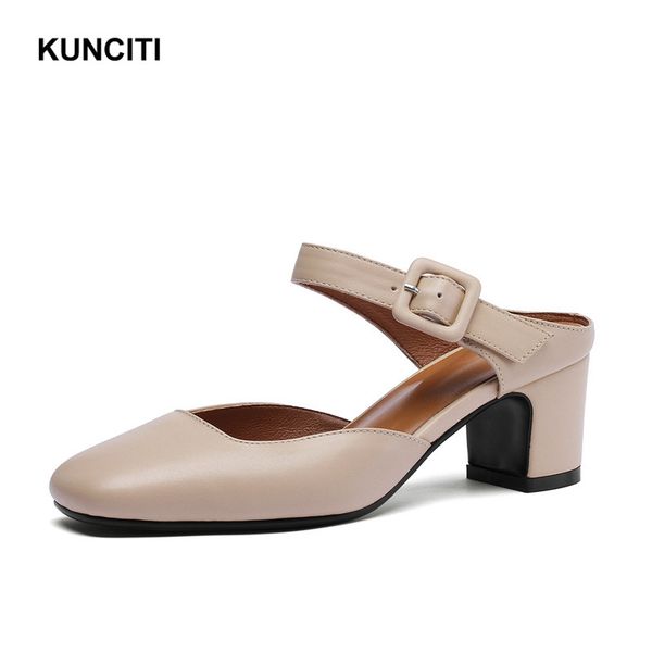 

2019 new designer high heels slippers square toe genuine leather slides women fashion buckled mules shoes outside shoes x901, Black