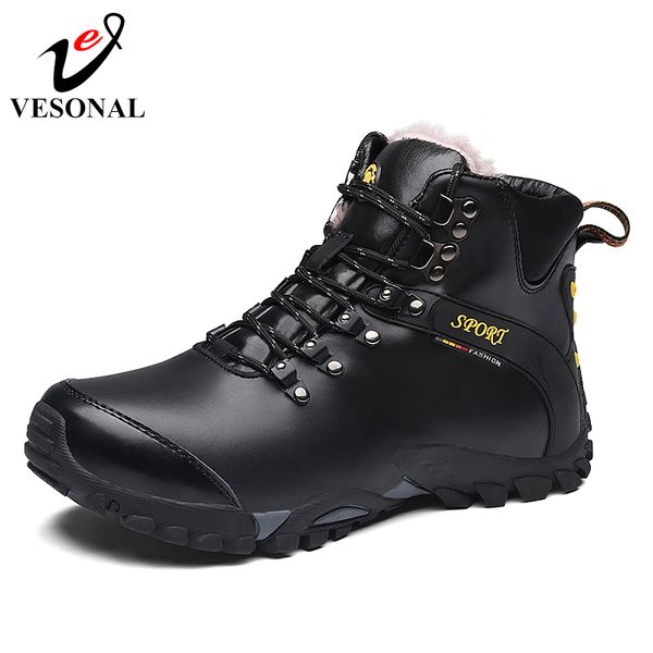 

vesonal genuine leather short plush ankle boots for men male shoes winter fur warm snow boots safety footwear sneakers 176, Black