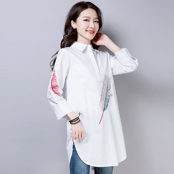 

5xl 4xl plus size korean folk blouse 2019 fashion female embroidery blouse shirt cotton print embroidered blusas quality, White