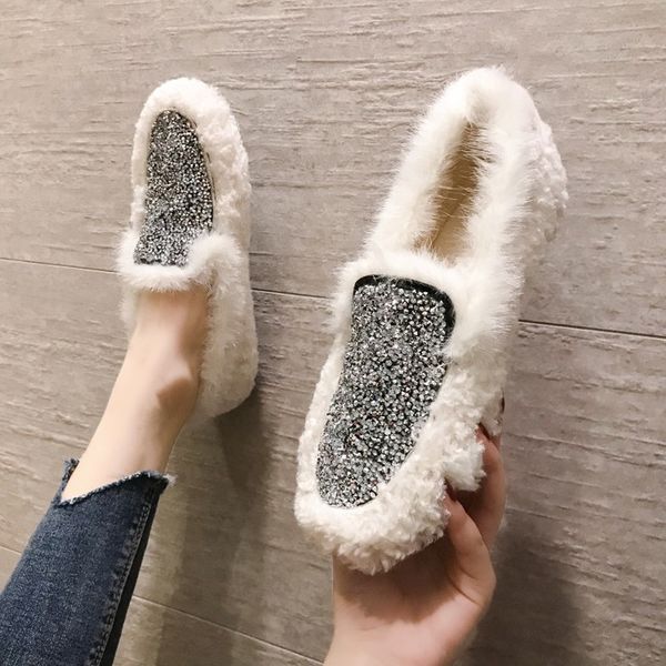 

sequins women loafers female lazy a pedal peas shoes furry casual comfortable shallow slip on slippers mocasines mujer k17-25, Black