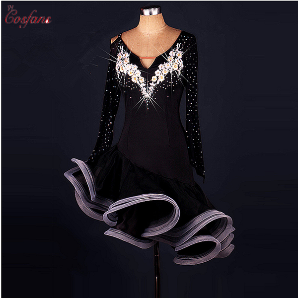 

women latin dance clothes for women latin dance embroidery long sleeves dress girls dress cha-cha new, Black;red