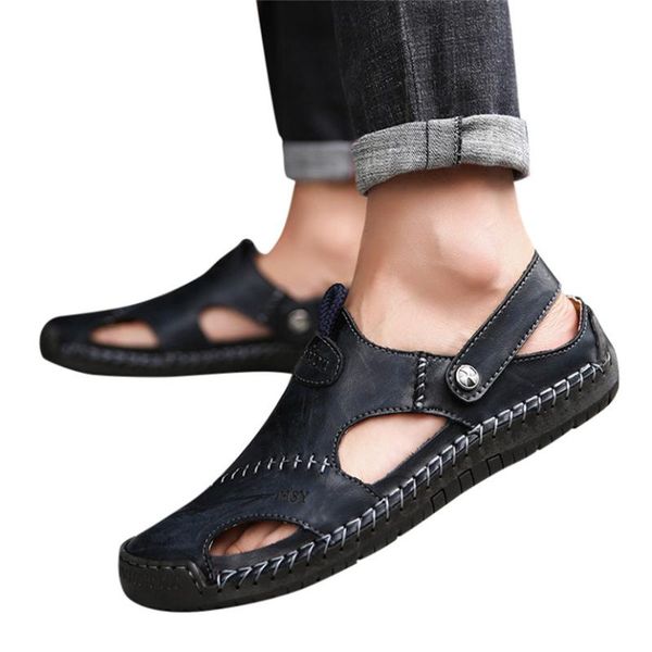 

womail vintage soft bottom outdoor shoes men's summer casual leather sandals breathable outdoor beach shoes baotou half slippers, Black