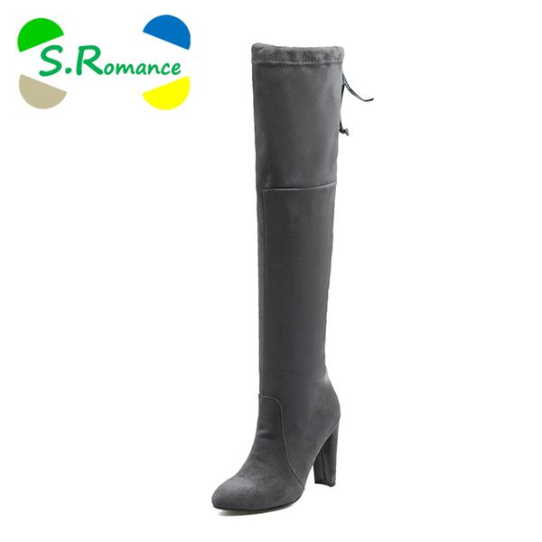 

s.romance women boots over the knee plus size 34-43 high heel pumps solid new winter fashion woman shoes black brown red sb1099