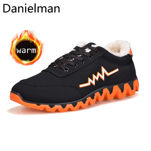 

danielman autumn winter leather outdoor warm with fur plush casual shoes for men comfortable male footwear walking men sneakers, Black