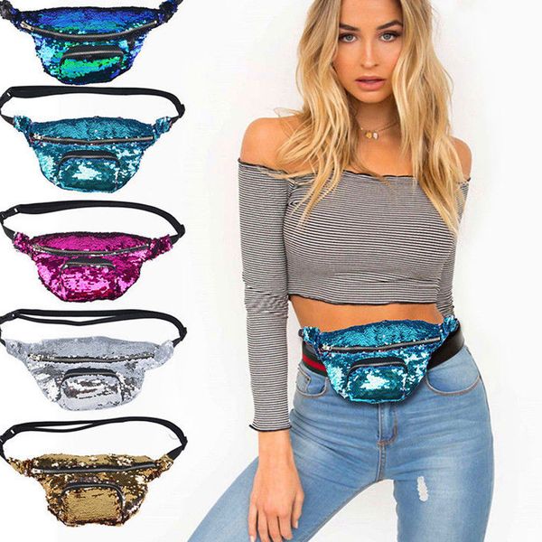 

2019 new fashion women reversible fashion sequin waist fanny pack belt bum bag pouch hip purse