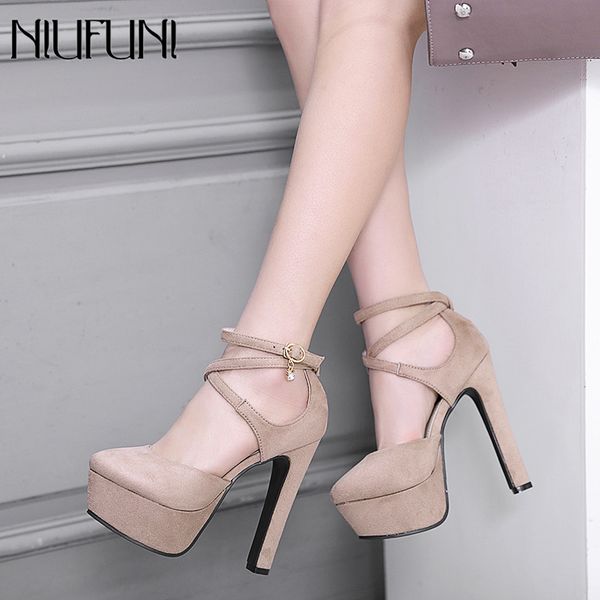 

niufuni 2020 fashion 14cm ultra high heels sweet round toe platform pumps flock cross-tied women sandals summer shoes woman t200529, Black