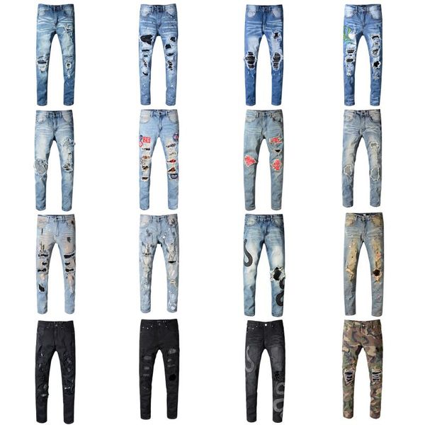 

brand men long jeans graffiti trousers ripped board slim jean pocket nightclub holes casual mens designer jeans new, Blue