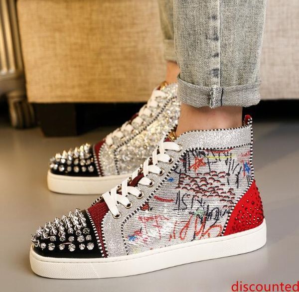 

luxury designer red bottom sneakers women men shoes luxury print silver pik no limit rare studs and rhinestones graffiti sneaker t18